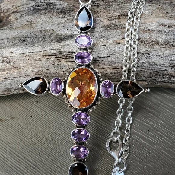 NICKY BUTLER NB 925 Sterling Silver Amethyst Smoky Quartz Cross Pendant Necklace - Picture 6 of 12